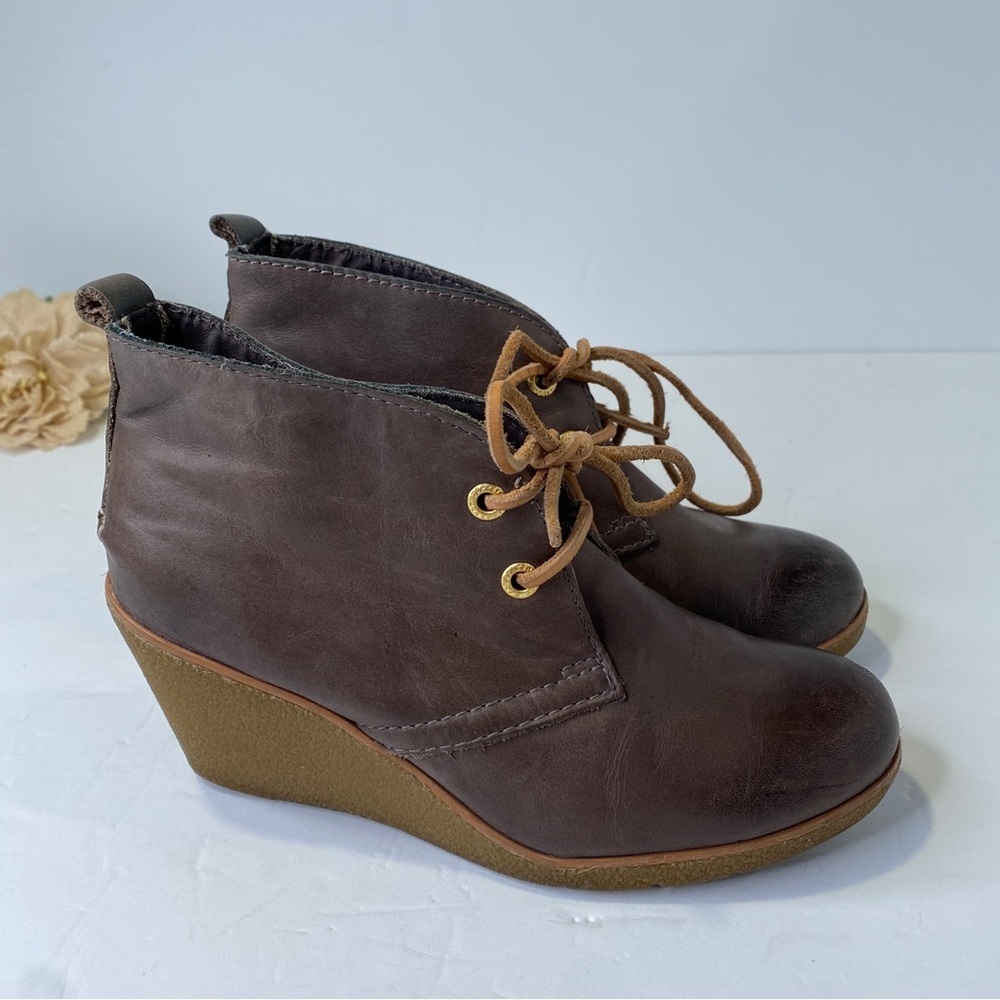 Sperry Harlow Brook Wedge Leather Lace Up Ankle Boots Gray-Brown Size 5.5M